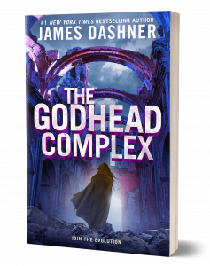 The Godhead Complex by James Dashner book cover depicting a female figure in a dystopian world highlighted by the nothern lights in the background.