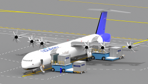 EcoFlight EF-5C air freighter on tarmac being loaded with intermodal cargo containers.
