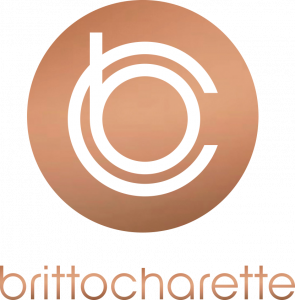 Company logo in a circular design with a rose gold circle and a white letter c in the center with a white letter b inside the c; the name brittocharette is below the logo