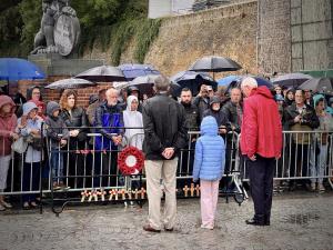Headmaster Rob Taylor with former pupil Jonathan Dunlop (Head Boy in our Centenary Year) and Emilie Murdoch (F4) at the Menin Gate. Despite a steady rain, the crowds attending were still many deep. They were joined by Scottish air cadets.
