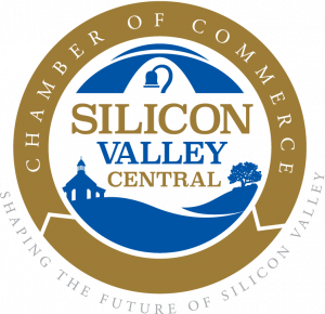 A circular blue, gold and white logo with the text Silicon Valley Central Chamber of Commerce