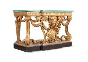 18th century George III giltwood pier table in the manner of William Kent (English 1685-1748), having a faux malachite top and Vitruvian scroll frieze (est. $15,000-$30,000).
