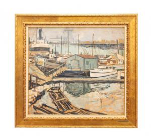 Oil on board by the British-American artist Walter Elmer Schofield (1867-1944), titled Dock with Shed. The board is 27 ¼ inches by 30 inches, housed in a gilt frame (est. $10,000-$20,000).