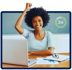 A woman celebrates earning 26 in TOEFL Speaking