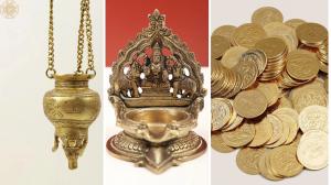 108 Coins for Lakshmi Puja with Lakshmi ji and Lotus Images, Dripping Nandi Vase for Milk to Abhishek Shiva Linga in Brass and 4" Gajalakshmi Wick Diya In Brass | Handmade | Made In India
