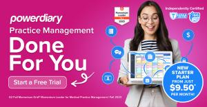 A vibrant promotional image for Power Diary showcasing a smiling woman using the practice management software on her laptop. Key highlights include 'Practice Management Done For You', 'Start a Free Trial', and badges indicating 'Momentum Leader for Fall 2