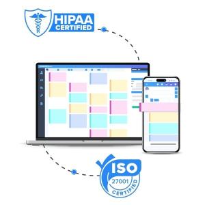 Power Diary's interface displayed on a laptop and mobile phone, surrounded by HIPAA Certified and ISO 27001 Certified badges, emphasizing security and quality standards in practice management software.