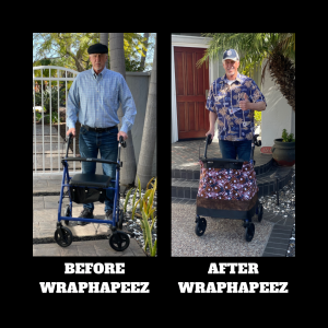 a before and after picture of a man with his rollator without WrapHapeez and with WrapHapeez rollator accessory.