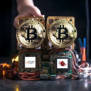 Two seeminly seperate bitcoin machines being connected by hardware and wiring. This is an AI depiction of what two bitcoin mining companies coming together might look like. Each machine has been retrofitted with a respective logo of Quantum Expeditions an