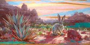 An oil painting by Lindsey Kustusch capturing a tranquil desert scene at sunset. A prominent and realistic hare sits alertly in the foreground, adjacent to a vivid agave plant. The backdrop features distant rock formations, cacti, and a sky awash in shade