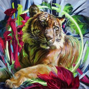 An evocative oil painting titled 'The Sumatran Tiger' by Lindsey Kustusch. The artwork prominently features a detailed and lifelike Sumatran tiger, its gaze piercing and contemplative. It's surrounded by an explosion of vibrant colors, with radiant red fl