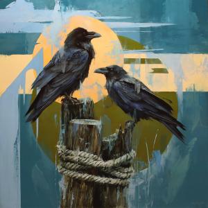 An atmospheric oil painting titled 'The Ravens of Ocean Beach' by Lindsey Kustusch. Two detailed ravens, poised and alert, perch atop weathered wooden posts wrapped in coarse rope. Behind them, abstract swathes of muted blues and gold form a serene backdr