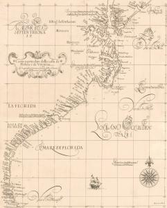 Lot 202 is Carta Particolare della Costa di Florida e di Virginia by Sir Robert Dudley (1661), the earliest printed chart to focus on the Southeastern coastline of the United States. Estimate: $15,000-$18,000.