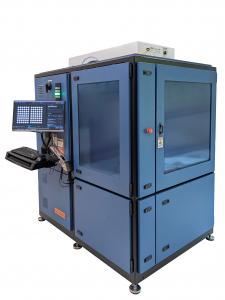Image shows the H200 production printer, a large blue metal 3D printing machine with onboard computer and windows on the upper sides.