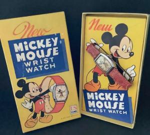 Walt Disney Ingersoll USD Time Mickey Mouse watch from 1940 with leather bank in the original box with original paperwork, untested (est. $750-$2,500).
