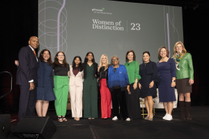 Honorees, event co-chairs, panel moderator, and GSNETX CEO gathered on stage for a culminating moment of achievement and celebration at the 2023 Women of Distinction Luncheon