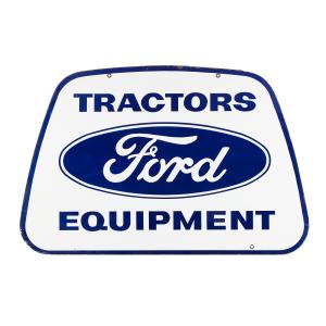 Made-in-America 1950s Ford Tractors & Equipment Dealer double-sided porcelain die-cut sign, measuring 28 ½ inches in height by 42 ½ inches wide (CA$8,850).