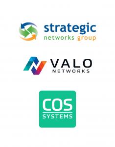 Logo displaying Strategic Networks Group, Valo's and COS Systems logotypes