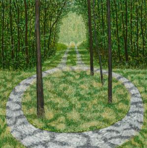 Oil on canvas by Scott Kahn (American, b. 1946), titled Circular Driveway (1983), signed and dated, 30 inches by 30 inches. Sold for $175,000.