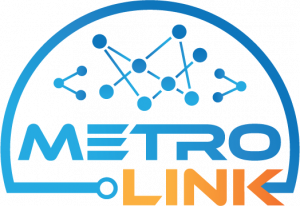 Logo for MetroLink showing connection nodules in cyan and MetroLInk in orange text.