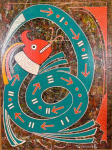 Acrylic on board painting by Helen Hardin, aka Tsa-Sah-Wee-Eh (Santa Clara, 1943-1984), titled Plumed Serpent of the Hopi, signed lower right and nicely framed ($4,059).