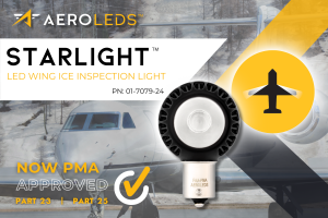 An image of a business jet in winter conditions and a stock photo of the AeroLEDs StarLight LED Wing Ice Inspection Light along with a beam profile icon.