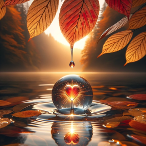 Love Drops Illustration Photo of a clear droplet with a radiant heart encapsulated within, descending into a calm lake.