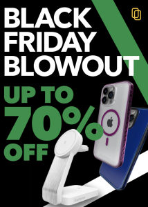cellhelmet Black Friday Blowout sale promotion, showing a 3-in-1 charger, a magsafe case & a TPU case.