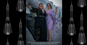 Reinvented CEO Caeley Looney & Payload Engineer Susan Martinez @AdAstraSu pose in ball gowns and tiaras at Space Gala 2023