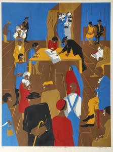 Screenprint in colors on Domestic Etching paper by Jacob Lawrence (American, 1917-2000), titled The 1920s…The Migrants arrive and cast their ballots, 1974 (est. $5,000-$7,000).