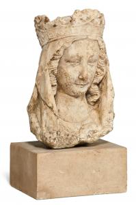 Late 14th century French Gothic limestone head of the Virgin on a later cast stone base, overall 21 inches tall by 9 inches wide by 11 inches deep (est. $3,000-$5,000).
