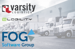 logos of FOG Software Group, Varsity Logistics, and Logility over a photo of container shipping trucks at a loading dock.
