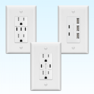 Lider Electric's 3 latest USB outlets in white grouped together.