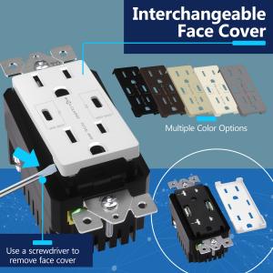 This is an infographic showing how the USB outlet's face cover is interchangeable and can be swapped.