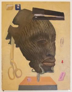 This painting collages images of an African bronze mask with other images in a surrealist style