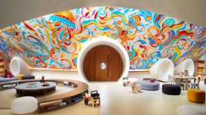 Hand painted mural titled Ukiyo: the floating, fleeting or transient world by Shimhaq / Cartman Ayya, commissioned for the Ritz Carlton Maldives, Fari Islands
