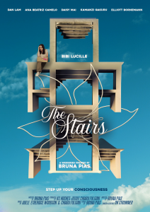 The official poster for viral webseries 'The Stairs' - an image involving graphics of several stairs stacked upon each other with the lead actress Bibi Lucille sat on one of them.
