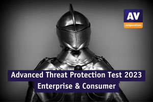 Das Photo zeigt den oberen Teil einer Ritterrüstung und den Titel Advanced Threat Protection Test 2023 Enterprise and Consumer zusammen mit dem Logo von AV-Comparatives.