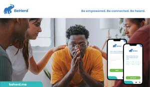 photo of teen with mental health issues and BeHerd app screenshots