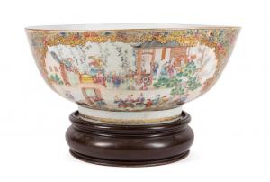 Late 18th/early 19th century Chinese Export Mandarin palette porcelain punch bowl having Rococo reserves decorated with figures in a landscape alternating with roosters and other birds ($11,495).