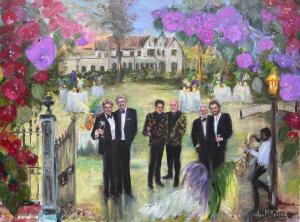Ann Bailey live event portrait painting of a country club lawn, mardi gras decor and 6 gentlemen in formal attire under canopy of fuschia Bougainvilla flowers