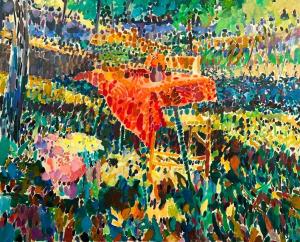 Large oil on canvas painting by Joseph B. O’Sickey (American, 1918-2013), titled Red Cloth, signed lower right, in a frame that’s 51 inches by 61 inches (est. $6,000-$9,000).