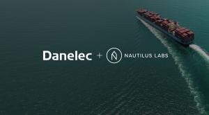 A ship from above on a green sea with the Danelec and Nautilus Labs logos overlaid