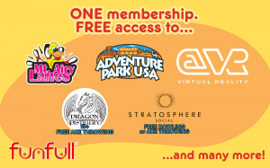 One membership. Free access to Mt. Airy Lanes, Adventure Park USA, @VR Virtual Reality, Dragon Distillery, Stratosphere Social and many more.