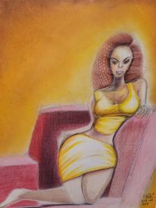 Image of wax drawing of African American woman, wearing yellow outfit, while kneeling on a red recliner.