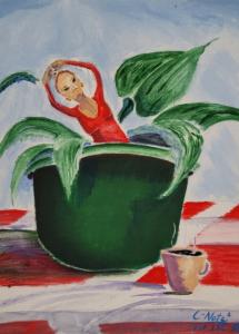 Image of the acrylic painting of a woman wearing a red dress inside of a flower plant on a picnic table.