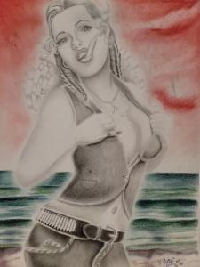 Image of the wax and graphite drawing of La Reina de las Mujeres Chicas (The Queen of the Petite Women) by California prison artist C-Note
