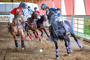 Two arena polo players on horses make a defensive manuever by hooking mallets
