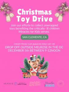 Flyer about Christmas Toy Drive on Dec 5th at Melrose OC in San Clemente