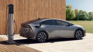 Toyota Prius Prime plug-in hybrid being charged.